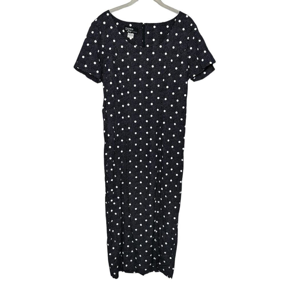 Vintage 80s Dawn Joy Fashions Black And White polkadot Cottagecore Midi Dress 10
